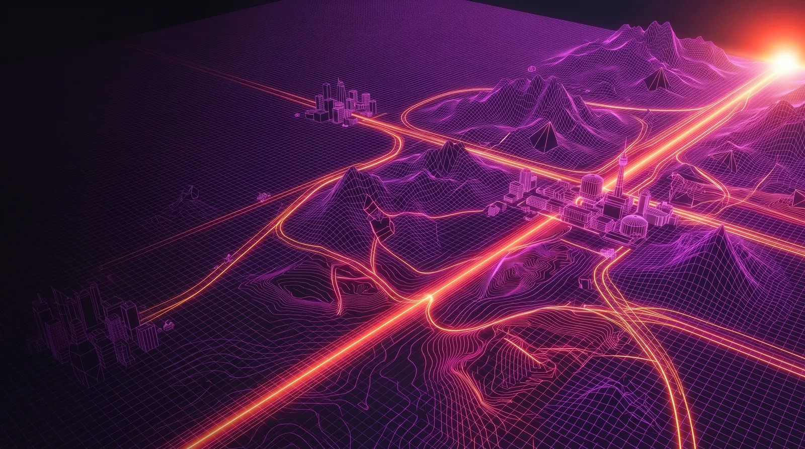 Purple wireframe terrain with neon orange data paths linking digital city hubs under a bright horizon — situations understood by experiencing them on Blankstate Stage